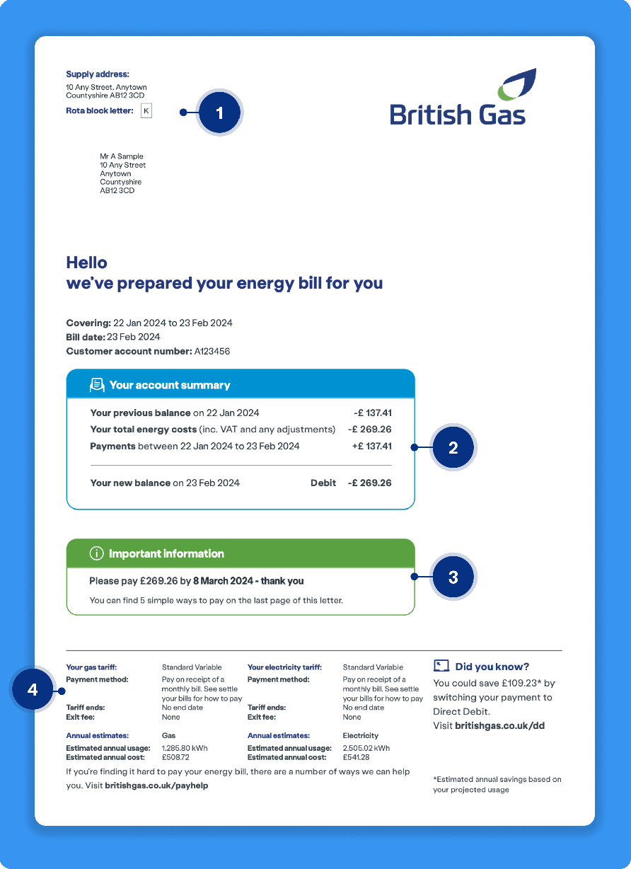 British Gas bill page one